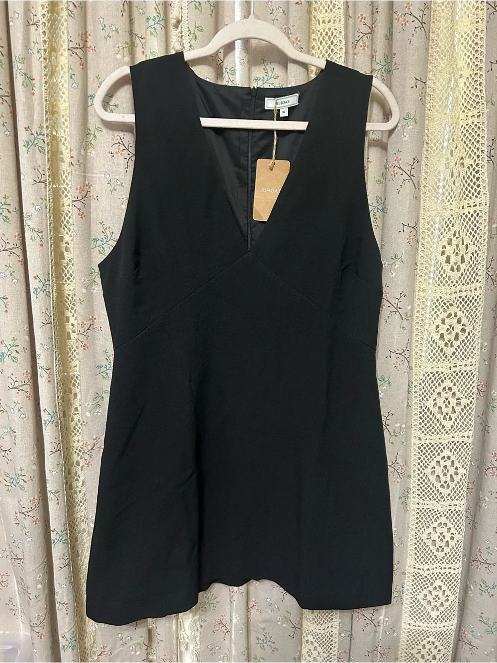 RIHOAS Black Linen Blend‎ Deep V Neck Mini Dress XL NWT